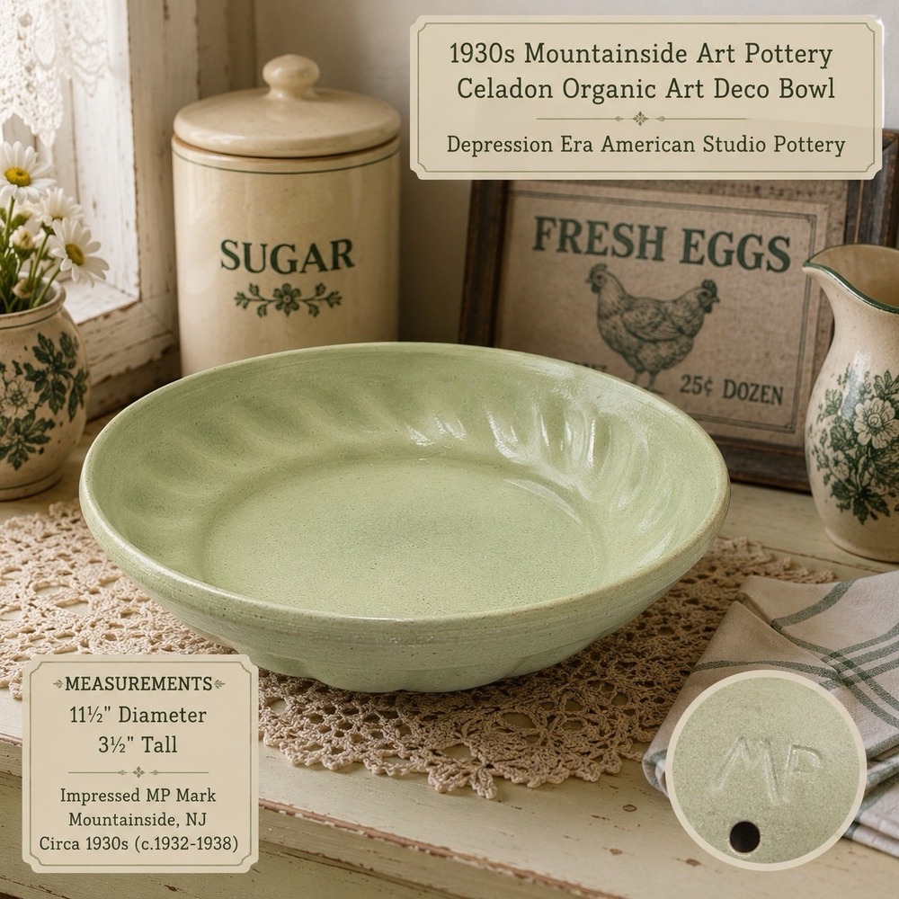 1930s Mountainside Art Pottery Celadon Bowl Depression Era Organic Art Deco
